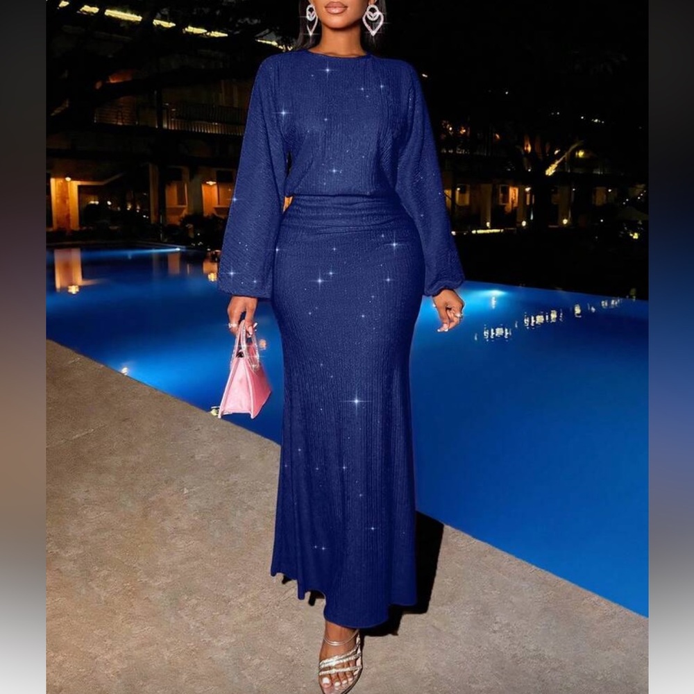 Elegant Blue Long Sleeve Maxi Dress